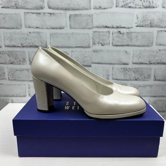 Stuart Weitzman Bone Lustre Round Toe Heel Sz 8.5 - Picture 6 of 14